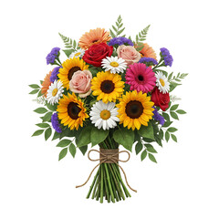 Colorful summer flower bouquet with sunflowers, roses, daisies, and lavender isolated on transparent background