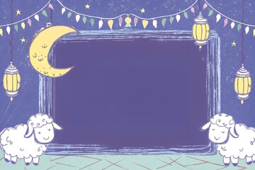 Ramadan Kareem decorative frame with crescent moon and lanterns