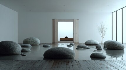 Zen Interior Harmony: A serene interior embodies tranquility, with carefully arranged stones and minimalist design elements. This space promotes a sense of peace, meditation, and inner stillness.