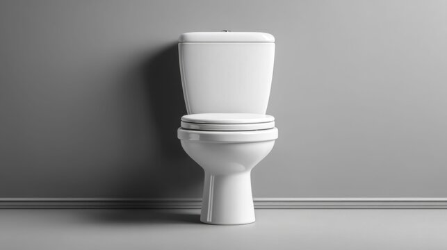 Modern white ceramic toilet bowl with a closed lid against a gray wall