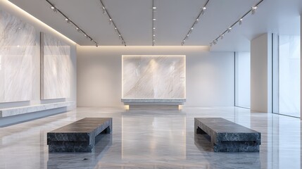 Modern Art Gallery: A minimalist art gallery with clean lines, featuring an elegant, open space, illuminated by strategically placed lighting, with striking stone benches.