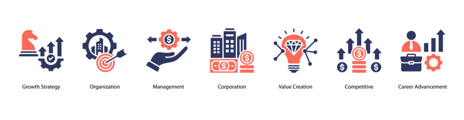 Business Strategy web banner icon vector illustration featuring Growth Strategy, Organization, Management, Corporation, Value Creation, Competitive, and Career Advancement.