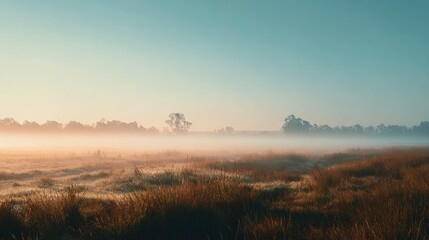 Mist-kissed Morning: A tranquil landscape is unveiled, where a gentle fog embraces the meadow, casting a serene veil over the landscape, creating a magical aura.