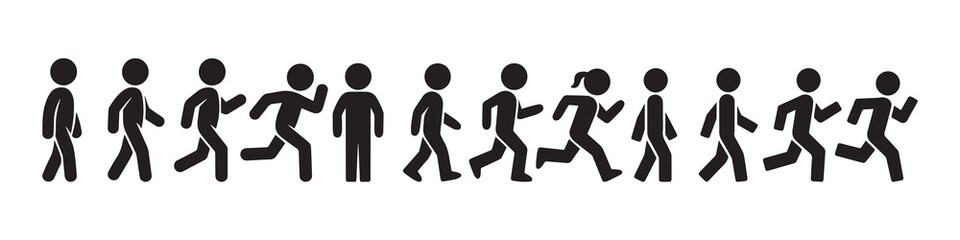 Fototapeta premium Stick Figure Walking Running Vector Icon Set Illustration