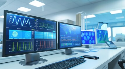 Naklejka premium A futuristic medical laboratory equipped with multiple monitors displaying various medical scans and data.