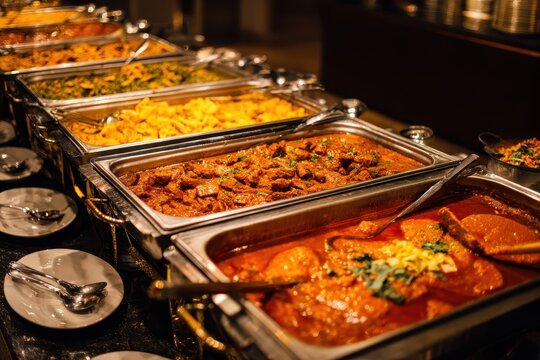 Buffet style Indian food served at a hotel wedding function featuring a variety of traditional dishes and accompaniments for guests