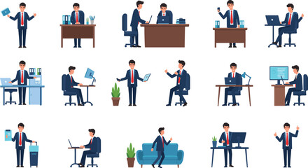 Businessman Office Work Flat Illustration Set Showing Professional Manager Working Sitting Presenting Using Laptop and Daily Corporate Activities