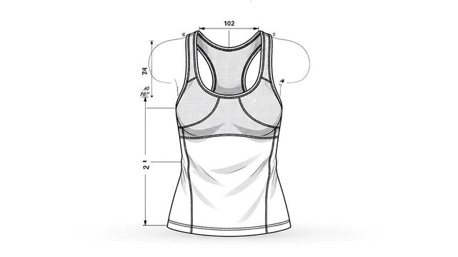Technical drawing of a women's sports top in various stages of development illustration