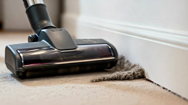 Close-up of a vacuum cleaner efficiently sucking up dirt, dust, and lint from a carpet corner by the baseboard.