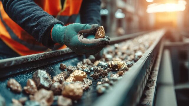Worker Gloved Hand Sorting Gold and Silver Ore Rocks on Conveyor Belt