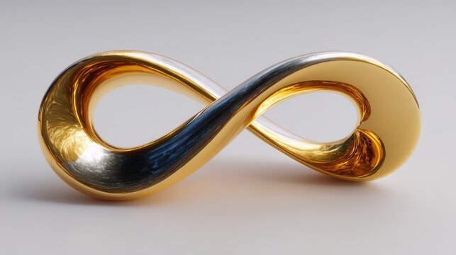 3D render of a polished gold and silver metallic infinity symbol on a neutral background