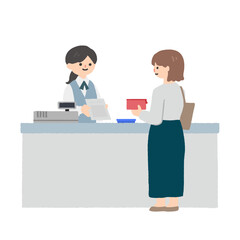 薬局や医療機関の窓口で会計や説明をするスタッフのイラスト / Pharmacy or medical reception counter with staff and patient illustration