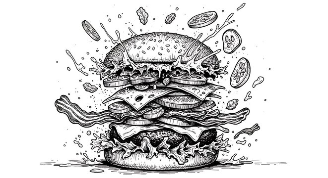Detailed black and white illustration of a massive burger exploding with ingredients flying everywhere showcasing a messy and appetizing scene