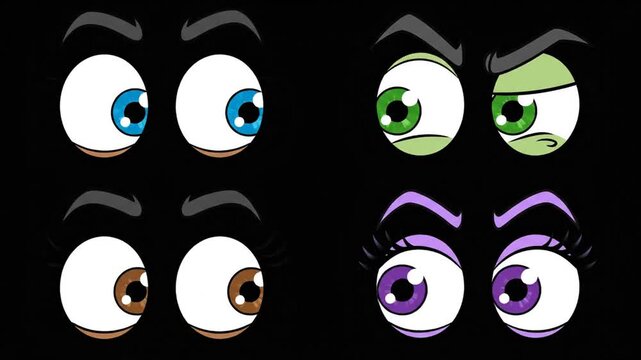 Cartoon eyes in various colors against a black background