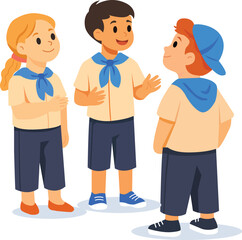 Group of children talking while wearing scout uniforms in a friendly setting