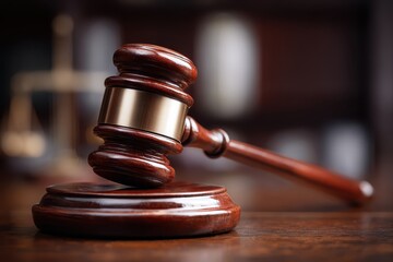 Obraz premium Realistic depiction of a bankruptcy court gavel resting on a wooden surface with a blurred background relevant to legal proceedings and justice