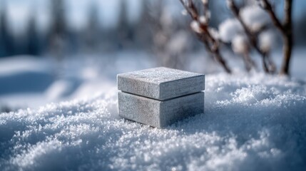 Elegant silver jewelry box covered in frost on fresh snow in a winter landscape