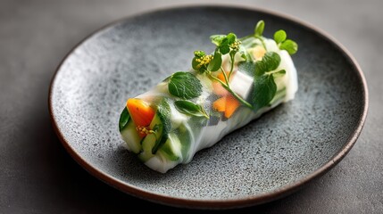 Gourmet fresh vegetable spring roll with herbs and microgreens served on a dark textured plate
