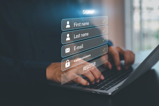 Human hand with screen login username and password for identity or sign-up register of cyber security internet access join social or personal data protection or forget pass key unlock.