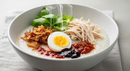 Steaming Chicken Congee with Egg and Toppings in Bowl