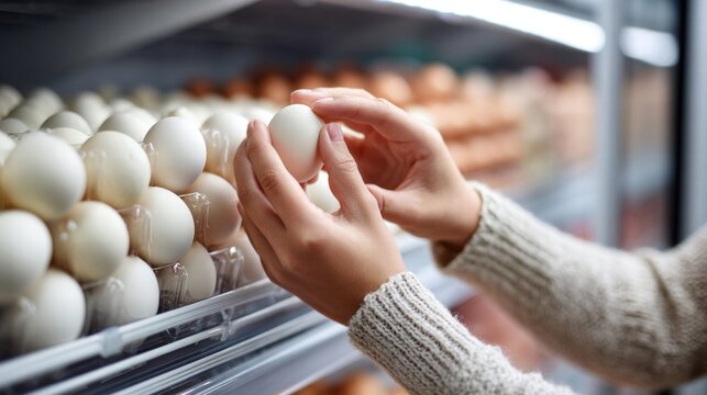 Hands picking a fresh white egg from a shelf in the grocery store, ready for purchase.