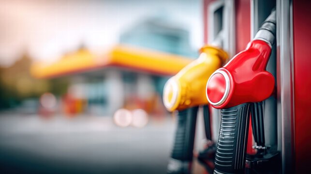 A vibrant close-up showcases fuel pumps at a gas station, ready for refueling vehicles.