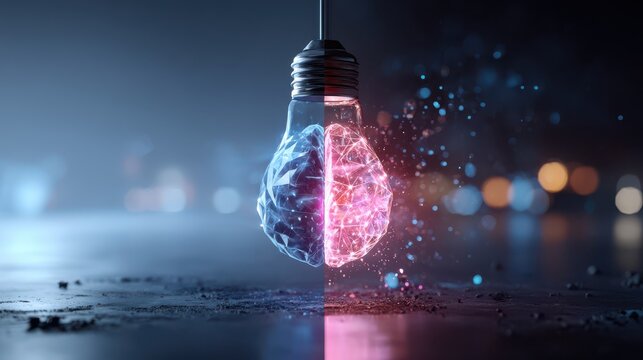 Artificial intelligence concept with a glowing digital brain inside a light bulb on a dark bokeh background