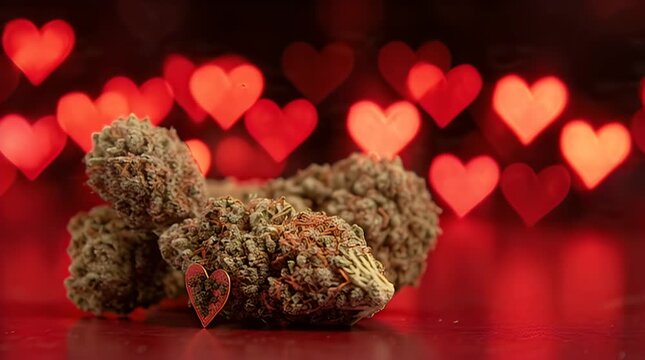 A close-up shot of cannabis buds with a heart shape and red bokeh hearts in the background on a shiny surface