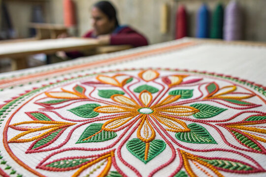 Traditional Bangladeshi Nokshi Kantha Embroidery Pattern, Detailed Close-Up Textile Background