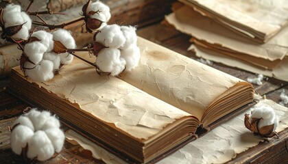 Fototapeta premium Cotton branches and an open book on a wooden table with aged pages and more paper nearby in a simple indoor setting