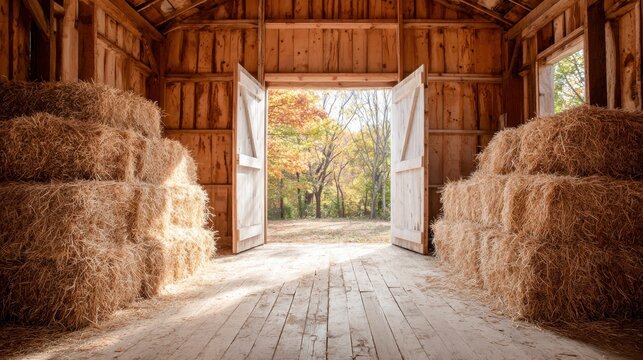 Inside a rustic barn with hay bales and open doors to a vibrant autumn landscape.