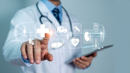 Obraz premium Medical professional touching digital display of healthcare icons and medical cross for futuristic patient management