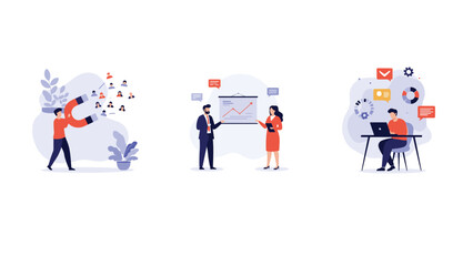 Naklejka premium Business concept illustration features segments for lead generation with magnet presentation and professional data analysis.