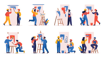 Fototapeta premium Multiple scenes show diverse groups of artists wearing overalls while painting large abstract murals on various walls.