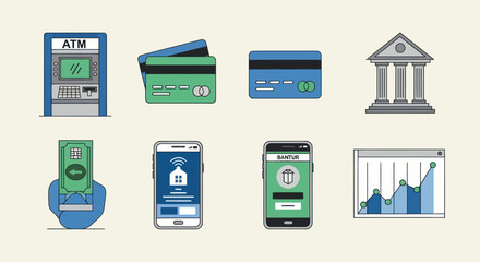 Collection of Financial and Banking Icons Representing Services and Technology.