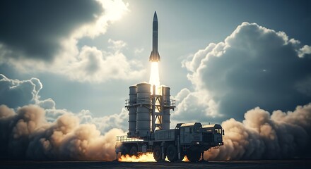 Sleek rocket launches into cloudy sky with dramatic lighting and powerful flames during daytime space mission