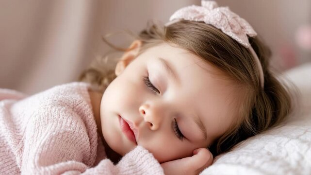 Cute little girl sleeping peacefully with hair bow in cozy sweater