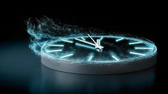 Cyber-style clock emerging from data streams, particles converging inward, glowing arc graphics and animated hands representing system initialization