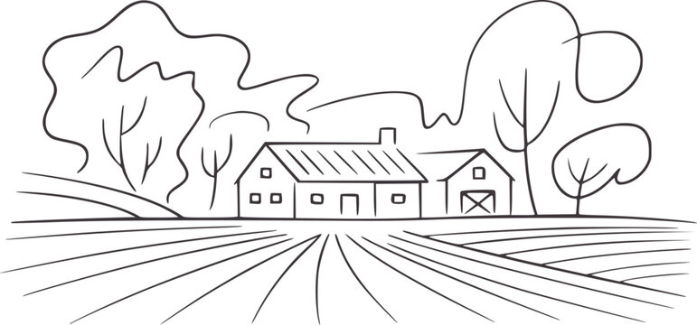 Minimalist pen ink of a rural farmhouse and barn with fields tree