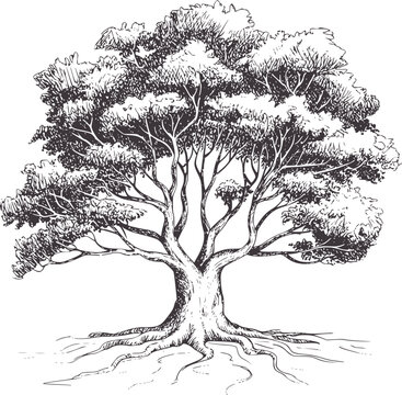 Pen and ink of a tree with sprawling roots branches