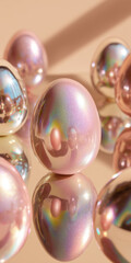 Fototapeta premium Modern kitsch easter interior featuring shiny pastel ceramic eggs floating holographic decorations on a mirrored surface against a solid cream background.