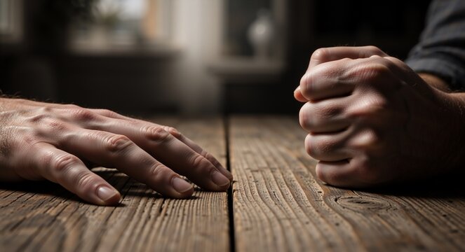 Two hands on the wooden table, one opened and one in a fist, potentially symbolizing conflict or a deal