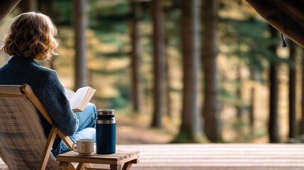 Obraz premium Woman reading a book in a glamping tent overlooking a forest. Relaxing nature retreat with coffee and solitude. Back view of female traveler in the woods