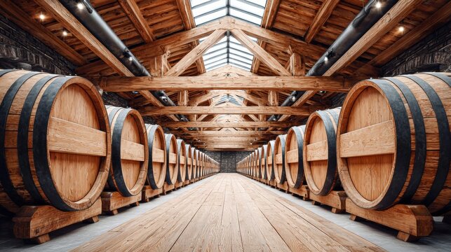 Wine barrels aging in a historic cellar