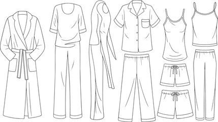 Black and white CAD flat vector illustration of women&rsquo;s sleepwear set including robe, nightgown, pajama sets, camisoles, shorts, and lounge pants, fashion technical sketch