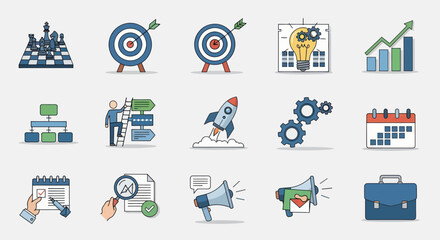 Vibrant Hand-Drawn Business Marketing and Project Management Icons Collection.