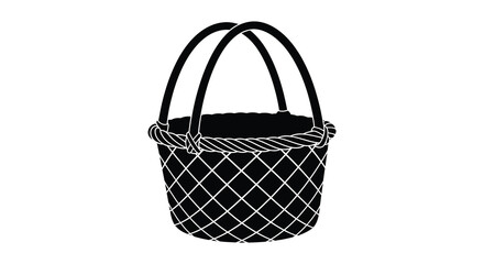 A detailed black and white illustration depicts a woven basket with a sturdy handle and base silhouette high quality professional