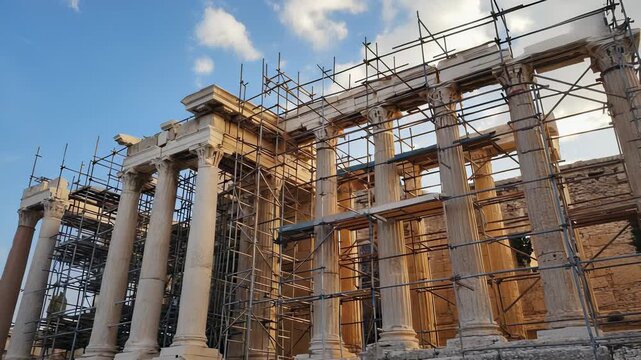 Ancient Greek Temple Ruins - Doric Columns in Warm Sunlight, Historical Architecture and Archaeological Site.