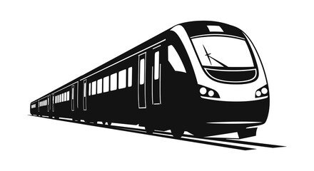 A sleek modern high speed passenger train travels forward depicted in a striking black silhouette high quality professional detailed © Jahid