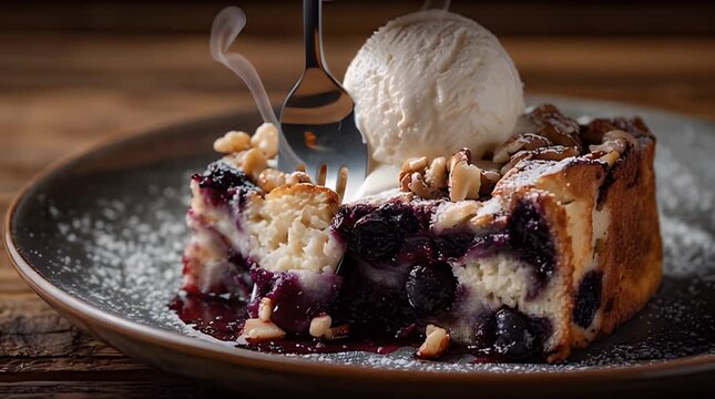 A dessert slice featuring juicy berries and crumbly topping, served with ice cream.  A fork takes a bite.  Sprinkled with sugar